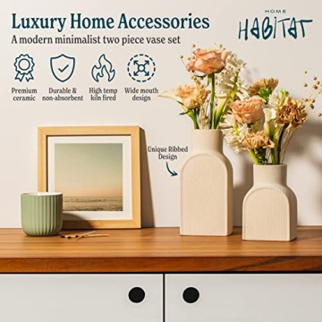 Home Habitat Ceramic Ribbed Vases - 2 Piece Set, Small and Large Vase, Bottle Flower Planter Set. Scandi Style Home Decor. Neutral Cream Home Decor, Coastal Decor for Home, Centerpiece for Table
