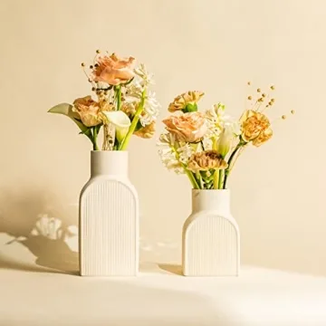 Home Habitat Ceramic Ribbed Vases - 2 Piece Set, Small and Large Vase, Bottle Flower Planter Set. Scandi Style Home Decor. Neutral Cream Home Decor, Coastal Decor for Home, Centerpiece for Table