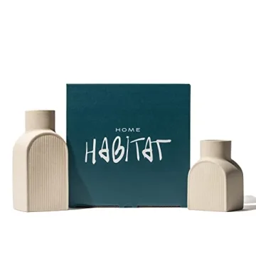 Home Habitat Ceramic Ribbed Vases - 2 Piece Set, Small and Large Vase, Bottle Flower Planter Set. Scandi Style Home Decor. Neutral Cream Home Decor, Coastal Decor for Home, Centerpiece for Table
