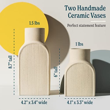 Home Habitat Ceramic Ribbed Vases - 2 Piece Set, Small and Large Vase, Bottle Flower Planter Set. Scandi Style Home Decor. Neutral Cream Home Decor, Coastal Decor for Home, Centerpiece for Table