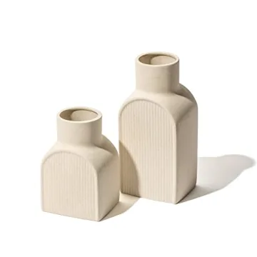 Home Habitat Ceramic Ribbed Vases - 2 Piece Set, Small and Large Vase, Bottle Flower Planter Set. Scandi Style Home Decor. Neutral Cream Home Decor, Coastal Decor for Home, Centerpiece for Table