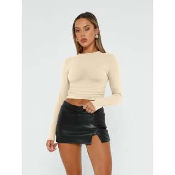 AUTOMET Womens Long Sleeve Shirt Basic Crop Tops Fall Fashion Underscrubs Layer Slim Fit Winter Clothes Black White Apricot L