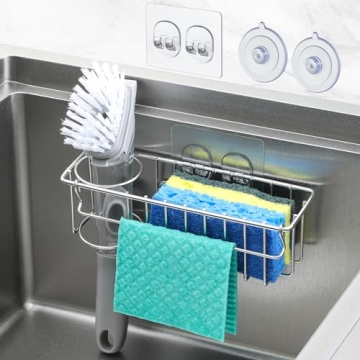 Stylish 3-In-1 Kitchen Sink Sponge Holder with Suction Cups & Adhesive Hook