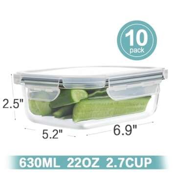 HOMBERKING 10 Pack 22oz Glass Meal Prep Containers - Airtight Food Storage with Lids