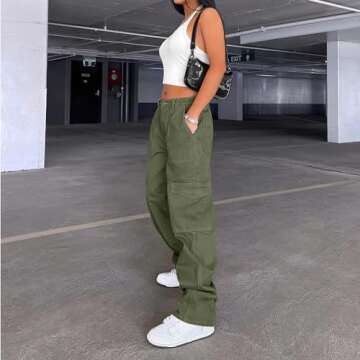 Lepunuo Cargo Pants for Women High Waisted Casual Pants Baggy Stretchy Wide Leg Y2K Streetwear with 6 Pockets Army Green