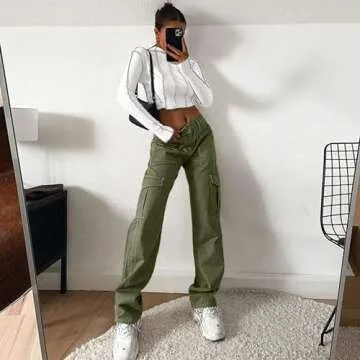 Lepunuo Cargo Pants for Women High Waisted Casual Pants Baggy Stretchy Wide Leg Y2K Streetwear with 6 Pockets Army Green