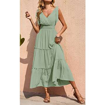 PRETTYGARDEN Women's Dress Spaghetti Strap Shoulder Knot Wrap Neck Summer Dresses Ruffle Hem Smocked...