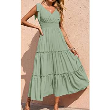 PRETTYGARDEN Women's Dress Spaghetti Strap Shoulder Knot Wrap Neck Summer Dresses Ruffle Hem Smocked High Waist Sleeveless Tiered Maxi Dress (Green,Small)