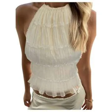 SOLY HUX Open Back Halter Tops for Women Tie Backless Ruffle Crop Tops Sleeveless Y2K Going Out Camisoles Pure Apricot Large