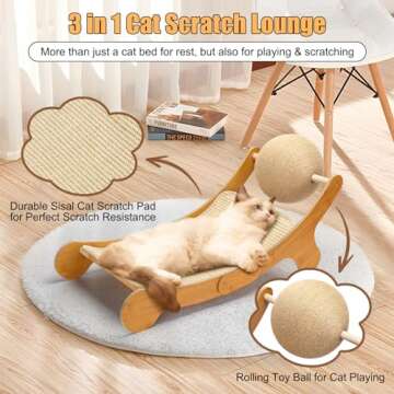 Outamateur Sisal Cat Scratcher Bed, Cat Hammock Chair, 3 in 1 Cat Scratcher Lounge, Cat Mini Beach C...