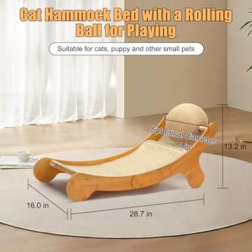 Outamateur Sisal Cat Scratcher Bed, Cat Hammock Chair, 3 in 1 Cat Scratcher Lounge, Cat Mini Beach Chair with Toy Ball, Cat Beds with Removable Sisal Pad for Indoor Cats, Puppy, Rabbit