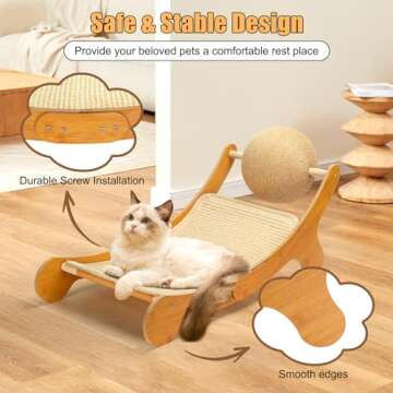 Outamateur Sisal Cat Scratcher Bed, Cat Hammock Chair, 3 in 1 Cat Scratcher Lounge, Cat Mini Beach Chair with Toy Ball, Cat Beds with Removable Sisal Pad for Indoor Cats, Puppy, Rabbit