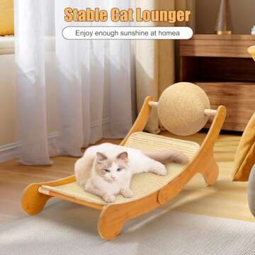 Outamateur Sisal Cat Scratcher Bed, Cat Hammock Chair, 3 in 1 Cat Scratcher Lounge, Cat Mini Beach Chair with Toy Ball, Cat Beds with Removable Sisal Pad for Indoor Cats, Puppy, Rabbit