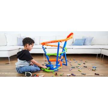 Hot Wheels Toy Car Track Set Spiral Speed Crash, Powered by Motorized Booster, 29-in Tall Track with...