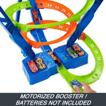 Hot Wheels Toy Car Track Set Spiral Speed Crash, Powered by Motorized Booster, 29-in Tall Track with 1:64 Scale Car, Connects to Other Tracks
