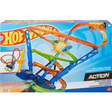 Hot Wheels Toy Car Track Set Spiral Speed Crash, Powered by Motorized Booster, 29-in Tall Track with 1:64 Scale Car, Connects to Other Tracks