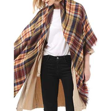Trendy Women's Cozy Warm Winter Fall Blanket Scarf Stylish Soft Chunky Checked Giant Scarves Shawl Cape Coffee Warm