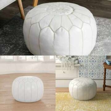 moroccan poufs Genuine Leather Pouf Ottoman Cover, footrest - Hassock Footstool with Storage for Living Room, Round pouffe poufs Poof, Poofy Ottoman - Bohemian Moroccan Decor - Unstuffed (White)
