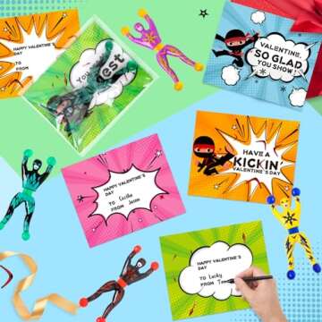 28 Packs Valentines Day Cards for Kids with Sticky Wall Climbing Men Ninja Set for Classroom,Valentine's Gifts Exchange For School, Valentine's Party Favors for Kids, Valentine's Prizes for Boys Girls