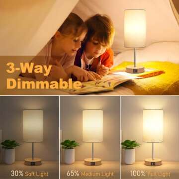 AKASUKI Table Lamp for Bedroom, 3 Way Dimmable Touch Lamp with Dual Charging Station, Small Bedside ...