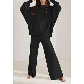 Pink Queen Women's 2 Piece Outfits Sweater Sets Knit Tops Wide Leg Pants Loose Tracksuit Lounge Set Pajamas Black XL