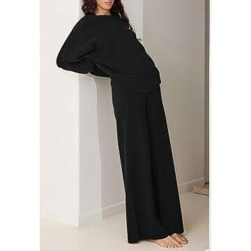 Pink Queen Women's 2 Piece Outfits Sweater Sets Knit Tops Wide Leg Pants Loose Tracksuit Lounge Set Pajamas Black XL