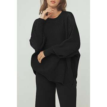 Pink Queen Women's 2 Piece Outfits Sweater Sets Knit Tops Wide Leg Pants Loose Tracksuit Lounge Set Pajamas Black XL