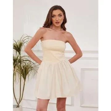 OLAPTA Women Strapless Tube Top Mini Dress Off Shoulder Sleeveless Casual Summer Patchwork Drop-Waist A-line Short Dresses