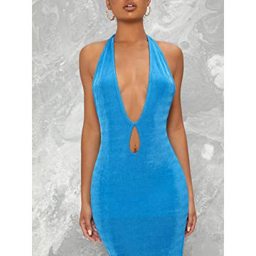 Floerns Blue Halter Neck Sleeveless Bodycon Dress for Women