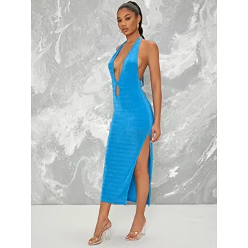 Floerns Blue Halter Neck Sleeveless Bodycon Dress for Women