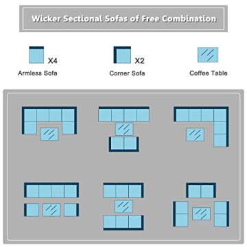 COSTWAY 7 Pieces Patio Furniture Set, Outdoor Rattan Conversation Set with 6 Seats, Coffee Tea Table, Soft Cushions, Wicker Patio Sectional Sofa for Garden Balcony Porch Poolside, Black