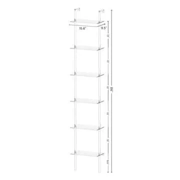 CRTERICX Small Acrylic Ladder Bookshelf, 9.5" D x 15.6" W, 6-Tier Clear Wall Mounted Book Shelf for Small Spaces, Multipurpose Bookcase for Living Room, Bathroom, Office, Modern, 86" H