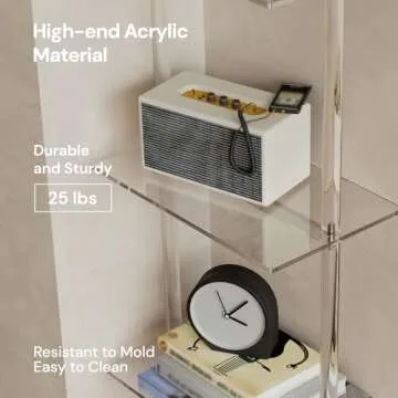 CRTERICX Small Acrylic Ladder Bookshelf, 9.5" D x 15.6" W, 6-Tier Clear Wall Mounted Book Shelf for Small Spaces, Multipurpose Bookcase for Living Room, Bathroom, Office, Modern, 86" H