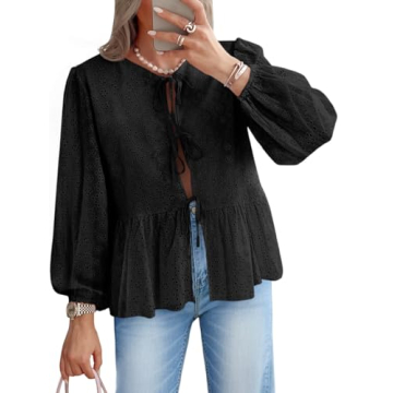 Tankaneo Womens Tie Front Tops Babydoll Puff Long Sleeve Lace Eyelet Peplum Blouses Cotton Shirts Bl...