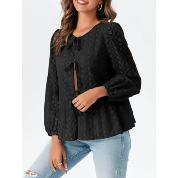 Tankaneo Tie Front Babydoll Blouse for Women