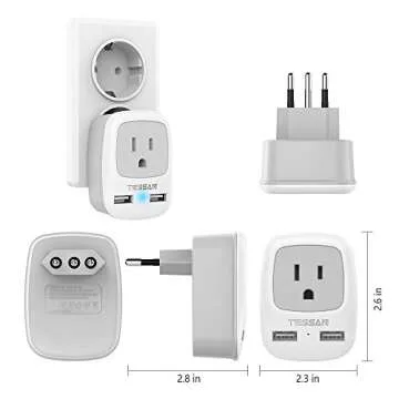 TESSAN Italy Travel Power Adapter, Grounded Plug Converter with Dual USB Charging Ports, Type L Outlet Adaptor for US to Italian Chile Uruguay (2 Pack)