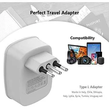 TESSAN Italy Travel Power Adapter, Grounded Plug Converter with Dual USB Charging Ports, Type L Outlet Adaptor for US to Italian Chile Uruguay (2 Pack)