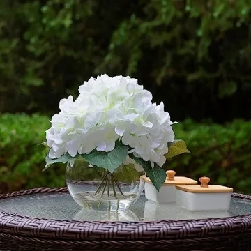 ENOVA Home Cream Hydrangea Flower Arrangement in Clear Glass Vase with Faux Water for Home Office (Cream)