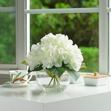 ENOVA Home Cream Hydrangea Flower Arrangement in Clear Glass Vase with Faux Water for Home Office (Cream)