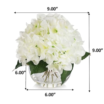 ENOVA Home Cream Hydrangea Flower Arrangement in Clear Glass Vase with Faux Water for Home Office (Cream)