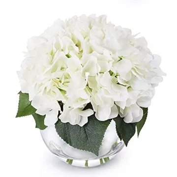 ENOVA Home Cream Hydrangea Flower Arrangement in Clear Glass Vase with Faux Water for Home Office (Cream)