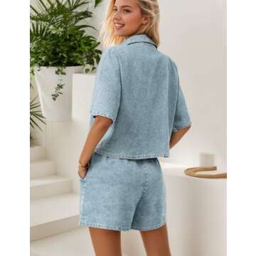 Zilcremo Womens 2 Piece Outfits Summer Denim Sets Short Sleeve Button Down Crop Jean Shirts High Waist Denim Shorts Sets Lightblue S