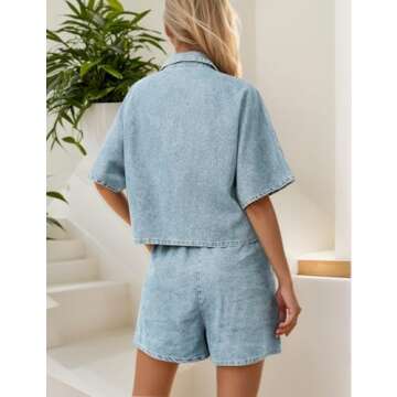 Zilcremo Womens 2 Piece Outfits Summer Denim Sets Short Sleeve Button Down Crop Jean Shirts High Waist Denim Shorts Sets Lightblue S