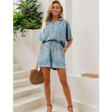 Zilcremo Womens 2 Piece Outfits Summer Denim Sets Short Sleeve Button Down Crop Jean Shirts High Waist Denim Shorts Sets Lightblue S