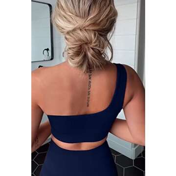 QINSEN 2 Pieces Workout Sets for Women One Shoulder Ribbed Sport Bra Seamless High Waist Leggings GMY Exercise Outfits Navy S