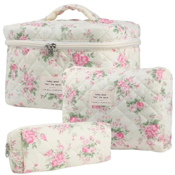 Dkieuyu 3 Pcs Cotton Quilted Makeup Bag Set,Floral Makeup Bag,Cute Makeup Bag,Travel Makeup Bag,Larg...