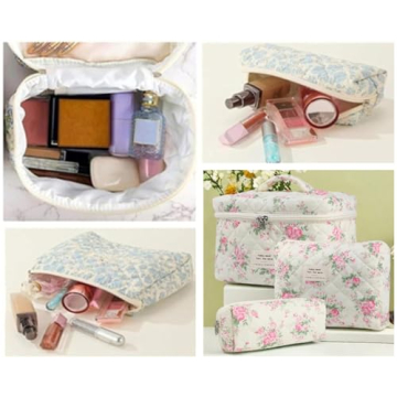 Dkieuyu 3 Pcs Cotton Quilted Makeup Bag Set,Floral Makeup Bag,Cute Makeup Bag,Travel Makeup Bag,Large Toiletry Cosmetic Bag Makeup Bag Organizer for Women Girls (J)