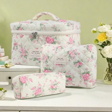 Dkieuyu 3 Pcs Cotton Quilted Makeup Bag Set,Floral Makeup Bag,Cute Makeup Bag,Travel Makeup Bag,Large Toiletry Cosmetic Bag Makeup Bag Organizer for Women Girls (J)