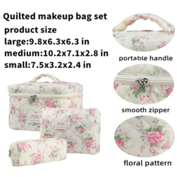 Dkieuyu 3 Pcs Cotton Quilted Makeup Bag Set,Floral Makeup Bag,Cute Makeup Bag,Travel Makeup Bag,Large Toiletry Cosmetic Bag Makeup Bag Organizer for Women Girls (J)