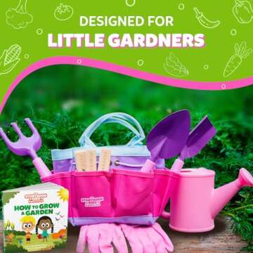 Pink Kids Gardening Tools - includes Sturdy Tote Bag, Watering Can, Gloves, Shovels, Garden Stakes, ...